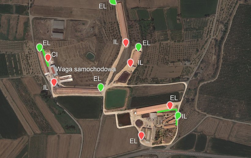 Zdjęcie 6. Proponowane nowe rampy (zielone wskaźniki) i utworzenie dw&oacute;ch platform (r&oacute;wnież w kolorze zielonym). IL: Wyposażenie wewnętrzne; EL: Wyposażenie zewnętrzne.
