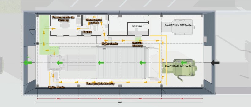 Obszar dezynfekcji ciężar&oacute;wek, w tym przypadku dezynfekcji termicznej.
