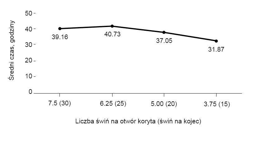 Wykres 1. Średni czas do rozpoczęcia pobierania paszy w zależności od liczby świń przypadających na otw&oacute;r karmnika i liczba świń w kojcu w okresie odchowu. Liniowy, P <0,001; Kwadratowy, P = 0,081.
