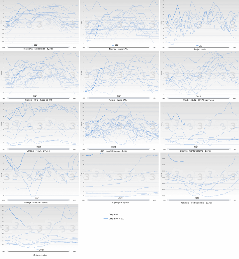 Ryc. 2. Zmiany cen&nbsp;świń (kolor niebieski) według roku w r&oacute;żnych krajach. Gruba linia przedstawia cenę w 2021 roku.
