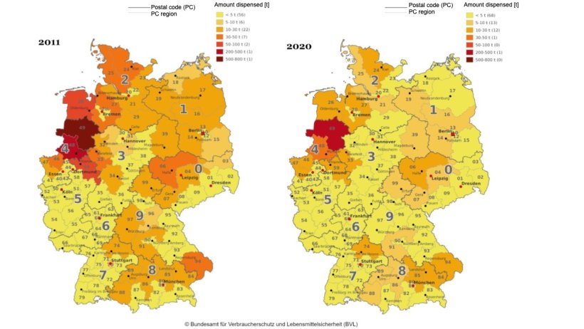 Sales of veterinary antibiotics by postal region in 2011 and 2020. Source: BVL.
