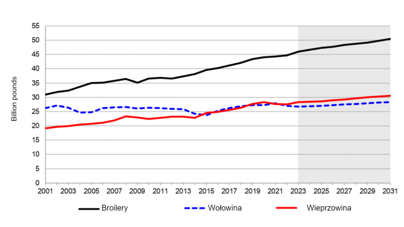Produkcja produkt&oacute;w zwierzęcych w Stanach Zjednoczonych, 2001-2031. Uwaga: Zacieniowany region oznacza okres objęty prognozą. Źr&oacute;dło: USDA, Interagency Agricultural Projections Committee, stan na 5 listopada 2021 r.
