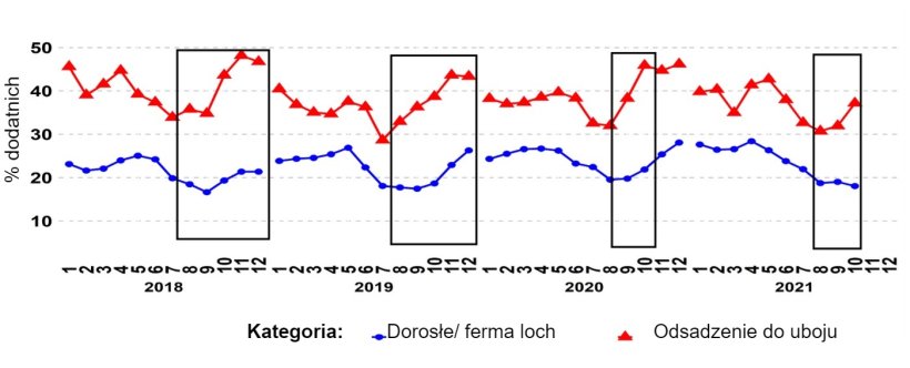 Ryc. 1. Odsetek zgłoszeń PCR-dodatnich na PRRSV w kategoriach wiekowych "dorosły/ ferma loch" i "odsadzenie do uboju" w czasie. Czarne pola pokazują bardziej uwypuklone i/lub wcześniejsze skoki w danych z ferm tuczących w por&oacute;wnaniu z danymi z ferm loch. Źr&oacute;dło: ISU-VDL: Laboratorium Weterynaryjno-Diagnostyczne Uniwersytetu Stanowego Iowa; UMN-VDL: Laboratorium Weterynaryjno-Diagnostyczne Uniwersytetu Minnesoty; SDSU-ADRDL: Laboratorium Diagnostyczne i Badawcze Chor&oacute;b Zwierząt Uniwersytetu Stanowego Południowej Dakoty; KSU-VDL: Laboratorium Weterynaryjno-Diagnostyczne Uniwersytetu Stanowego Kansas; OH-ADDL: Laboratorium Diagnostyczne Chor&oacute;b Zwierząt Ohio.
