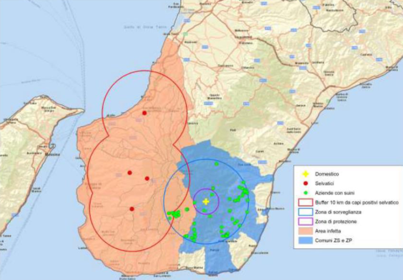 Location of new outbreaks of ASF in the region of Calabria, Italy
(red dots: outbreaks in wild boar; yellow cross: outbreaks on pig farms). Source: MAPA.
