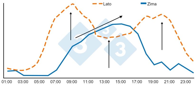 Ryc. 4. Wzorce konsumpcji w okresie tuczu i odsadzenia w przedziale wagowym 88-95 kg latem i zimą. Źr&oacute;dło: Brumm, M.C. 2006.
