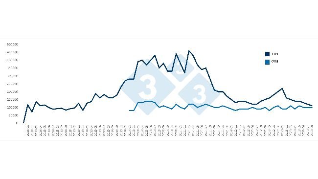 Monthly Chinese imports of pork and offal (in tons). Source: 333 based on data from the General Administration of Customs of China.