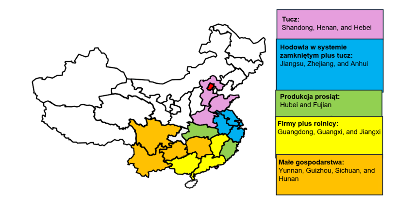 Rozkład geograficzny i rodzaje działalności chińskiego przemysłu trzody chlewnej w poszczeg&oacute;lnych prowincjach. Źr&oacute;dło: USDA na podstawie ATO Beijing.
