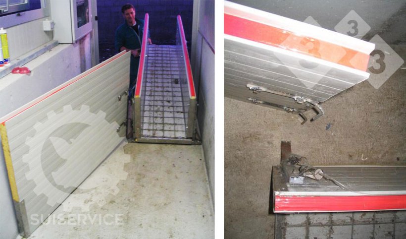 The ramp is placed in the service aisle of the barn, ready for loading, with a movable panel that redirects the piglets. The aisle is elevated (50-60 cm) with respect to the outside surface, so a relatively short ramp is sufficient.
