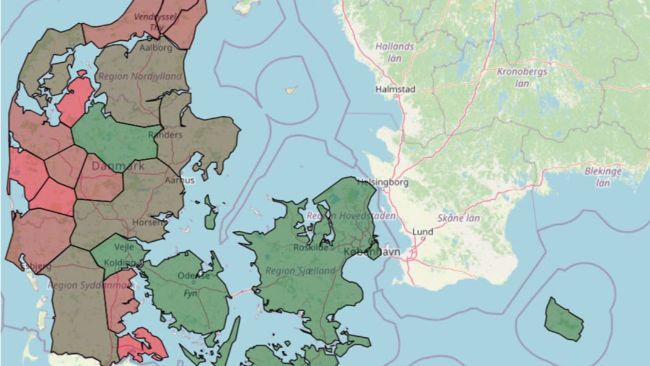 Rysunek 1: Częstość występowania (%) duńskich stad świń ze statusem PRRS dodatnim według region&oacute;w &ndash; styczeń 2025
