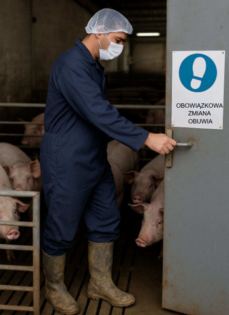 Zdjęcie 1. Pracownik fermy świń przechodzi przez r&oacute;żne obszary bez zmiany obuwia, ignorując wskazane protokoły bezpieczeństwa biologicznego. Obraz wygenerowany przez sztuczną inteligencję w celach ilustracyjnych (OpenAI, 2025).
