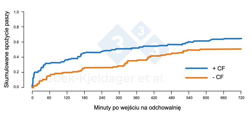 Rysunek 2. Łączna częstość spożycia u prosiąt po wprowadzeniu na odchowalnię, w zależności od tego, czy w okresie laktacji podawano im paszę dla prosiąt (+ CF), czy nie (- CF). Rysunek zaadaptowany z Kobek-Kjeldager et al., 2021.
