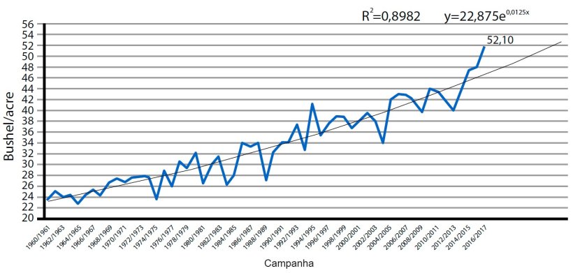 Gráfico2. Rendimento de produção de grão de soja nos EUA. Dado em bushel por acre. Fonte: USDA