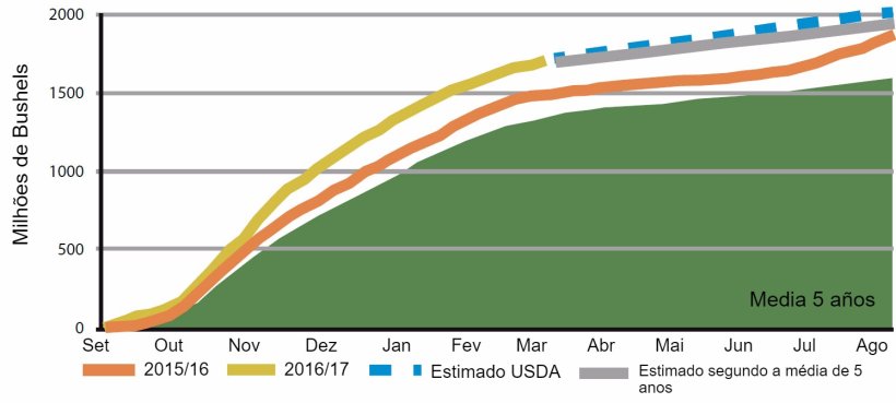 Figura 6: Volume&nbsp;semanal de exporta&ccedil;&otilde;es acumuladas de gr&atilde;o de soja EUA, campanha actual e&nbsp;m&eacute;dias anteriores. Fonte: USDA
