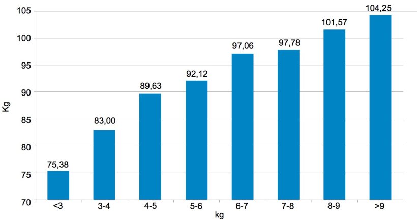 Figura 3. Distribuição dos animais em função do peso (kg) aos 159 dias. Os 6 kg de diferença entre os 5% de porcos com menos peso e os 5% com maior peso que se detetaram ao desmame (figura 2) converteram-se em 30 kg.