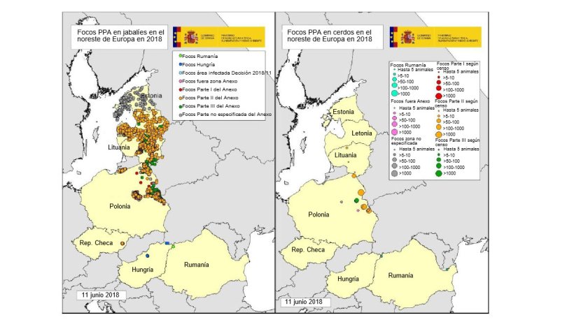 Mapa focos declarados na Est&oacute;nia, Hungria, Let&oacute;nia, Litu&acirc;nia, Pol&oacute;nia, Rep. Checa e Rom&eacute;nia em 2018 (at&eacute; 11/06/2018) (Fonte RASVE-ADNS)