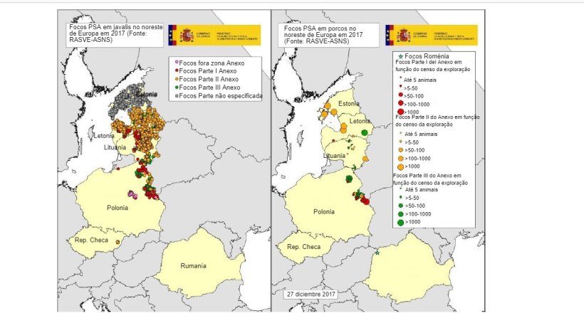 Mapa focos declarados na Est&oacute;nia, Let&oacute;nia, Litu&acirc;nia, Pol&oacute;nia, Rep. Checa e Rom&eacute;nia em 2017 (Fonte RASVE-ADNS)