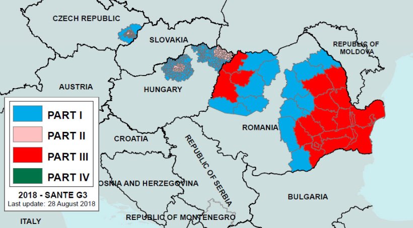 Imagem 2. Regionaliza&ccedil;&atilde;o da PSA na Rom&eacute;nia e pa&iacute;ses adjacentes at&eacute; 28 de Agosto de 2018. Parte I: zona de alto risco mas n&atilde;o ocorreram focos. Parte III: zona com focos declarados. Fonte: Comiss&atilde;o Europeia.

