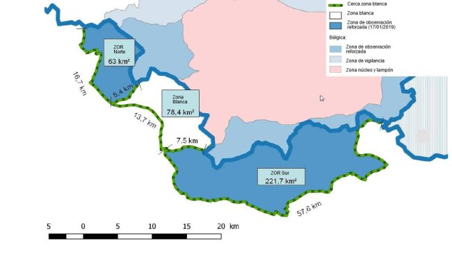 Mapa de las zona blanca y zonas de observación reforzada para la PPA