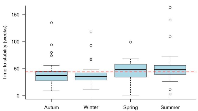 Figura 1: Tempo até à estabilidade contra o PRRS observado segundo a temporada em que aconteceu o surto. A linha descontínua representa o valor médio geral (43,9 semanas). Cada quadrado representa 50% dos dados (percentis 25-75) e a linha negra dentro do quadrado representa a mediana (percentil 50), pelo que metade dos surtos teve um TTS acima desta linha e a outra metade abaixo desta linha para cada temporada.