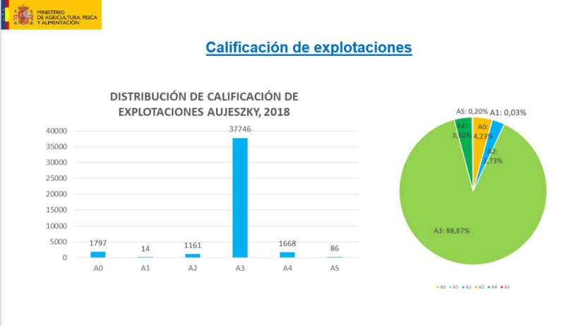 Distribui&ccedil;&atilde;o das explora&ccedil;&otilde;es em fun&ccedil;&atilde;o da classifica&ccedil;&atilde;o para a Doen&ccedil;a de Aujeszky (A0: desconhece-se a situa&ccedil;&atilde;o quanto &agrave; vacina&ccedil;&atilde;o ou dos controlos serol&oacute;gicos nos &uacute;ltimos doze meses, ou n&atilde;o se cumpre o programa de vacina&ccedil;&atilde;o ou dos controlos serol&oacute;gicos; A1: cumpre-se o programa de vacina&ccedil;&atilde;o e os controlos serol&oacute;gicos, com diagn&oacute;stico positivo contra a glicoprote&iacute;na gE do v&iacute;rus da DA no &uacute;ltimo controlo oficial efectuado; A2: cumpre-se o programa de vacina&ccedil;&atilde;o e os controlos serol&oacute;gicos, com resultado negativo para a glicoprote&iacute;na gE do v&iacute;rus da DA no &uacute;ltimo controlo oficial efectuado, sem que ainda se tenham iniciado as ac&ccedil;&otilde;es precisas para a sua classifica&ccedil;&atilde;o, ou tendo-as iniciado n&atilde;o as tenham terminado; A3 ou A4: as explora&ccedil;&otilde;es com classifica&ccedil;&atilde;o sanit&aacute;ria de indemne ou oficialmente indemne, respectivamente.)
