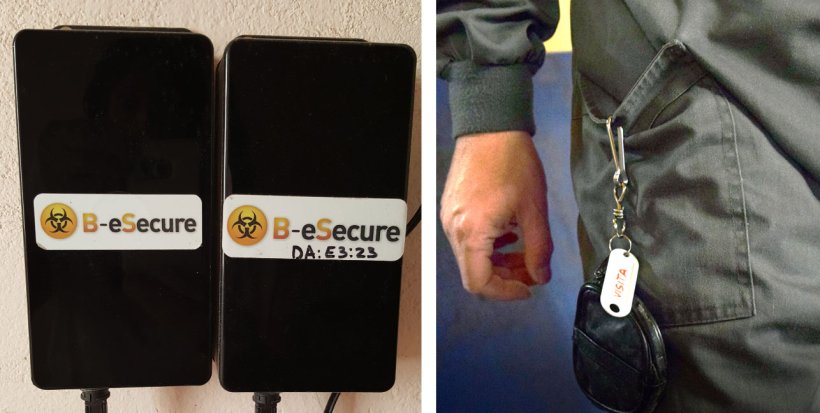 Figura 1. Imagem do sistema instalado para monitorizar movimentos. Foram instalados equipamentos nas paredes para monitorizar cada uma das salas de forma independente (esquerda) e os trabalhadores da exploração tinham dispositivos com bluetooth individuais (direita)