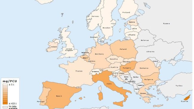 Distribuição espacial das vendas globais de todos os antimicrobianos para animais produtores de alimentos, em mg/PCU, para 31 países em 2017.