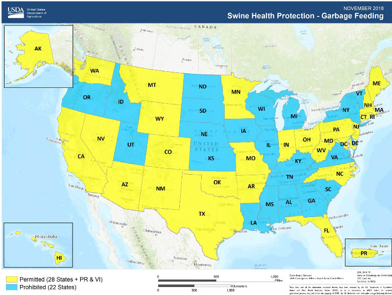 Estados que permitem (a amarelo) ou n&atilde;o (a azul) o uso de restos de comida para alimentar porcos
