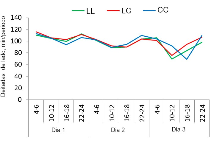 Figura1. Padr&atilde;o de repouso das porcas no sistema SWAP com 3 estrat&eacute;gias de uso diferentes: sem confinamento, confinamento ap&oacute;s o parto e durante 4 dias (depois livres) ou confinamento a partir do dia anterior ao parto e durante 4 dias (depois livres). O tempo que as porcas passaram deitadas de lado durante os 3 primeiros dias de lacta&ccedil;&atilde;o (registado em periodos de 2 h) nos 3 tratamentos: livres no parto e  lacta&ccedil;&atilde;o, (LL), confinadas ap&oacute;s o parto e durante os primeiros 4 dias de lacta&ccedil;&atilde;o (LC), confinadas um dia antes do parto previsto e durante os 4 primeiros dias de lacta&ccedil;&atilde;o (CC).
