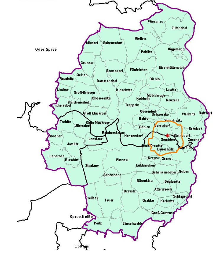 En amarillo la zona n&uacute;cleo, en lila la zona de peligro.
