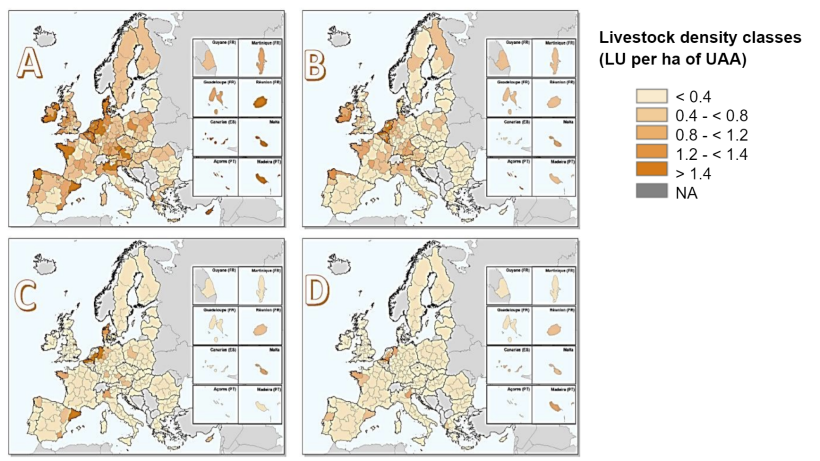 Livestock density within the European Union in 2016 for: (a) all livestock, (b) all bovines, (c) pigs and (d) poultry. Estimated by dividing the number of livestock units by the utilised agricultural area (UAA) within each NUTS 2 region.&nbsp;Source: Eurostat, March 2020; maps created by Matteo Sposato, SRUC.
