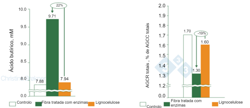 Figura 1. Controlo = não fibra, Fibra tratada com enzimas = PNA solúvel, Lignocelulose = PNA insolúvel. (A) A produção de ácido butírico aumenta 22% em leitões (15 kg) ao fermentar fibra solúvel. (B) A fermentação das proteínas é reduzida 19% em leitões (15 kg) ao fermentar fibra solúvel. AGCC = ácidos gordos de cadeia curta, AGCR = ácidos gordos de cadeia ramificada.