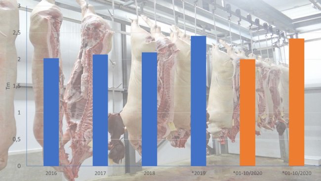 Exportações espanholas de produtos suínos. Fonte 333 a partir de dados de Inteporc.
*Dados provisórios