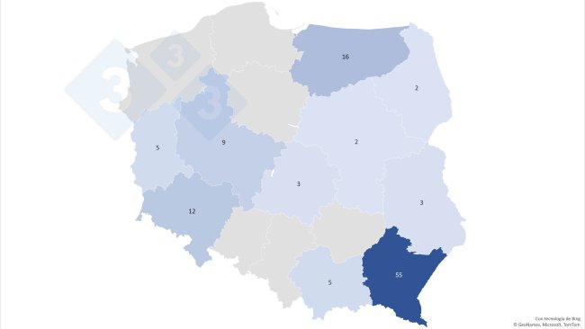 Número de brotes PPA en cada voivodato