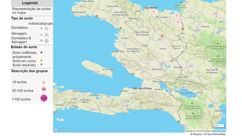 Mapa de surtos de Peste Su&iacute;na Africana no Hait&iacute. Fonte: OIE.&nbsp;&copy; OpenStreetMap e colaboradores.&nbsp;https://www.openstreetmap.org/copyright
