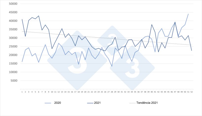 Evolução das importações semanais espanholas de leitões neerlandeses dos anos 2020 e 2021. Fonte: 333 a partir de dados do RVO