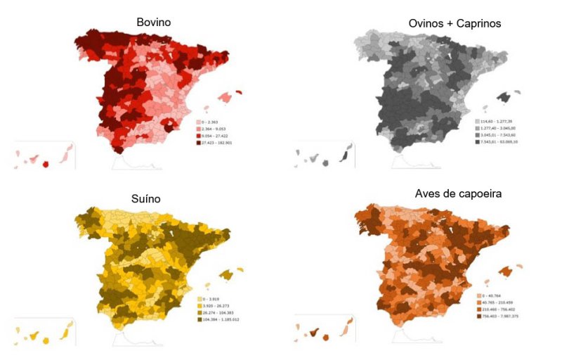Distribuição geográfica dos tipos de produção animal, por espécies. Fonte: INE.