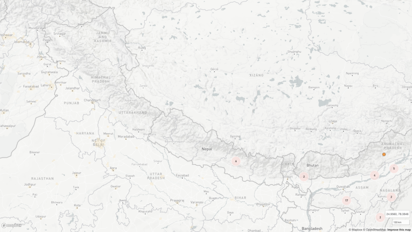 Localização dos seis focos notificados até ao momento no Nepal. Também se indicam outros grupos de focos próximos. Fonte: OIE a partir de colaboradores de ©OpenStreetMap (https://www.openstreetmap.org/about/)