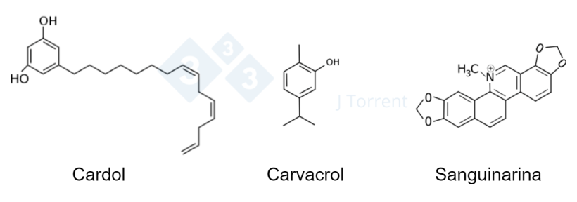 Figura 2. Compara&ccedil;&atilde;o da estrutura qu&iacute;mica de tr&ecirc;s produtos fitog&eacute;nicos. &nbsp;
