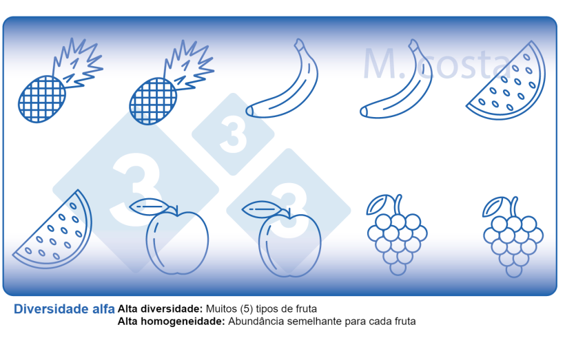 Figura 2. Como interpretar as medidas de diversidade microbiana das amostras (diversidade alfa). A variedade &eacute; um par&acirc;metro da diversidade (por exemplo, os tipos de frutas) e a homogeneidade (por exemplo, a distribui&ccedil;&atilde;o ou abund&acirc;ncia de cada tipo de fruta) numa amostra determinada.

