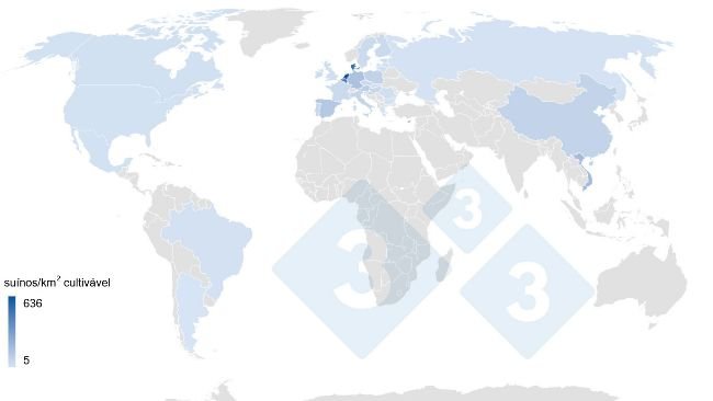 Mapa 1. Nº de suínos/km2 de terra cultivável nos principais países produtores mundiais em 2020. Dados terra cultivável: Banco Mundial. Dados de efectivo: 3tres3