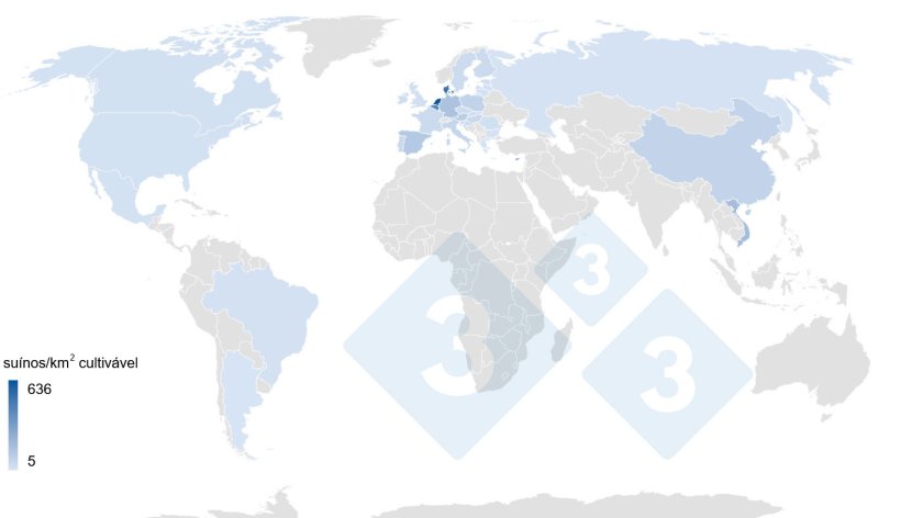 Mapa 1. Nº de suínos/km2 de terra cultivável nos principais países produtores mundiais em 2020. Dados terra cultivável: Banco Mundial. Dados de efectivo: 3tres3