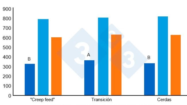 Figura 2. Consumo médio diário de alimento (gramas/dia) dos leitões depois do desmame. Adaptado de Heo et al. (2018). As diferentes super pontuações (AB) nas barras indicam uma diferença significativa entre tratamentos (P<0,00).