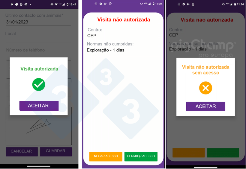 Imagem 1. Exemplos de visita aceite (esq), alerta de visita n&atilde;o autorizada (central) e recusa de visita, n&atilde;o autorizada (dir).
