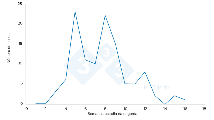 Figura 3. Evolu&ccedil;&atilde;o das baixas de uma engorda ap&oacute;s a medica&ccedil;&atilde;o S 4- florfenicol na &aacute;gua de bebida, S6 -Marbofloxacina inject&aacute;vel, S8 -Tiamulina ou Lincomicina na &aacute;gua de bebida
