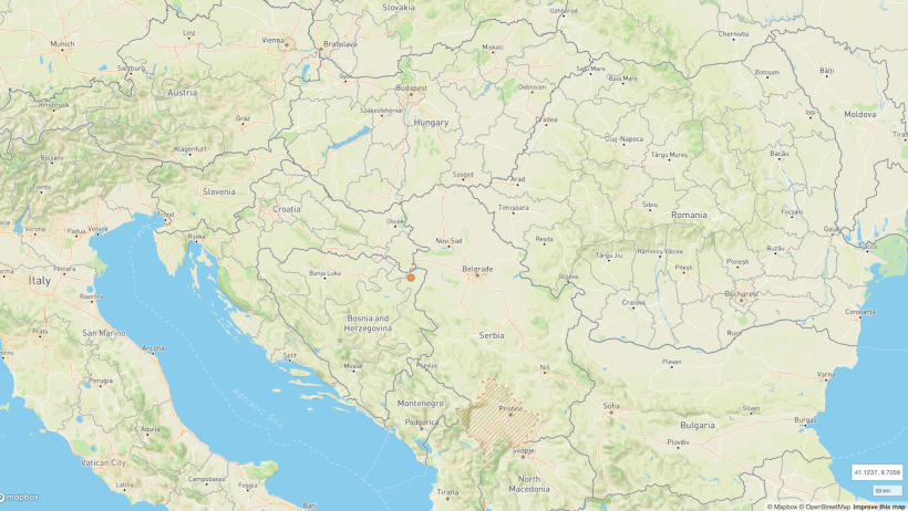 The location of the ASF outbreak in north eastern Bosnia and Herzegovina.
