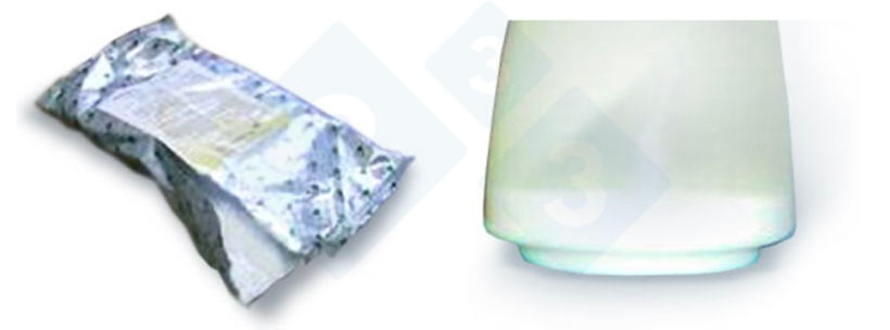 Figura&nbsp;3. Embalagem aberta (&agrave; esquerda) e precipita&ccedil;&atilde;o (&agrave; direita).
