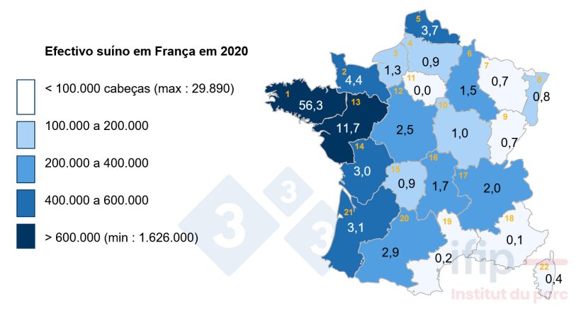 Distribui&ccedil;&atilde;o do efectivo de su&iacute;nos em Fran&ccedil;a em 2020. 1 Bretanha, 2 Baixa-Normandia, 3 Alta-Normandia, 4 Picardia, 5 Nord-Pas-de-Calais, 6 Champagne-Ardenne, 7 Lorraine, 8 Als&aacute;cia, 9 Franche-Comt&eacute;, 10 Borgonha, 11 IDF, 12 Centro, 13 Pa&iacute;s do Loire, 14 Poitou-Charentes, 15 Limousine, 16 Auvergne, 17 Rh&ocirc;ne-Alpes, 18 PACA, 19 Languedoc-Roussillon, 20 Midi-Pyr&eacute;n&eacute;es, 21 Aquitaine.
