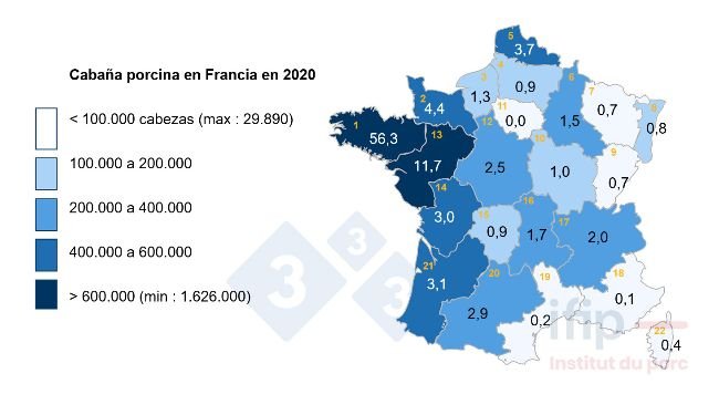 Distribuição do efectivo de suínos em França em 2020. 1 Bretanha, 2 Baixa-Normandia, 3 Alta-Normandia, 4 Picardia, 5 Nord-Pas-de-Calais, 6 Champagne-Ardenne, 7 Lorraine, 8 Alsácia, 9 Franche-Comté, 10 Borgonha, 11 IDF, 12 Centro, 13 País do Loire, 14 Poitou-Charentes, 15 Limousine, 16 Auvergne, 17 Rhône-Alpes, 18 PACA, 19 Languedoc-Roussillon, 20 Midi-Pyrénées, 21 Aquitaine.