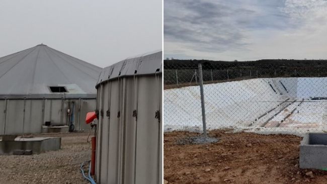 Imagem 3. Efici&ecirc;ncia de redu&ccedil;&atilde;o das emiss&otilde;es de NH3 de 80% com coberturas flex&iacute;veis do tipo tenda (&agrave; esquerda) ou coberturas flex&iacute;veis com folhas de polipropileno ou de tipo polipropileno (&agrave; direita).