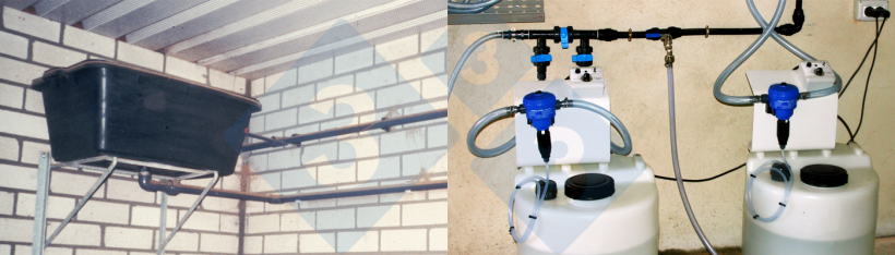 Figura 4. Sistema de dosagem por meio de um dep&oacute;sito (direita) e de um distribuidor de caudal (esquerda).